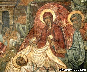 Рождество Христово. Фреска храма Сретения Владимирской иконы Божией Матери. Сретенский монастырь.